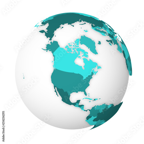 Blank political map of North America. 3D Earth globe with turquoise blue map. Vector illustration