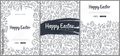 Set of Happy Easter backgrounds with traditional sketches decorations. Easter greeting with colored eggs, rabbit.