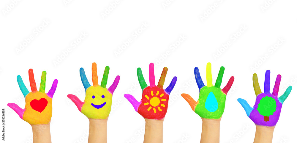 Colorful kid's hands with heart, smile, sun, water, tree painted on palms.