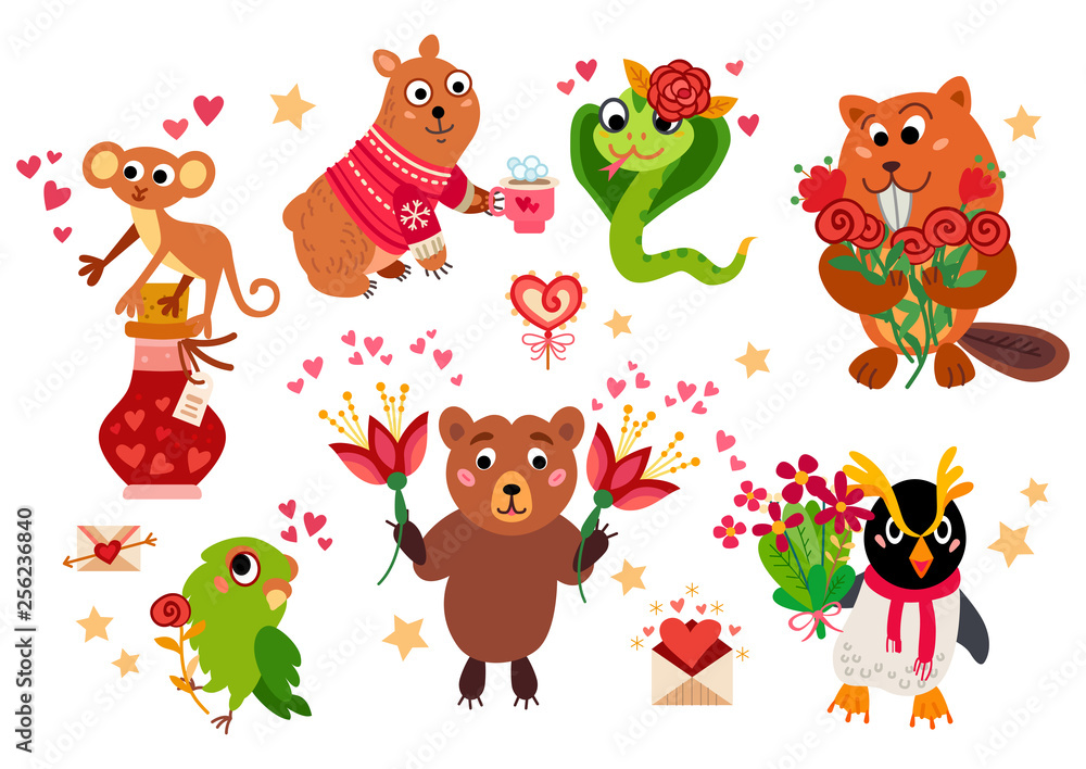 Fototapeta premium Big Valentine's Day set a cartoon characters