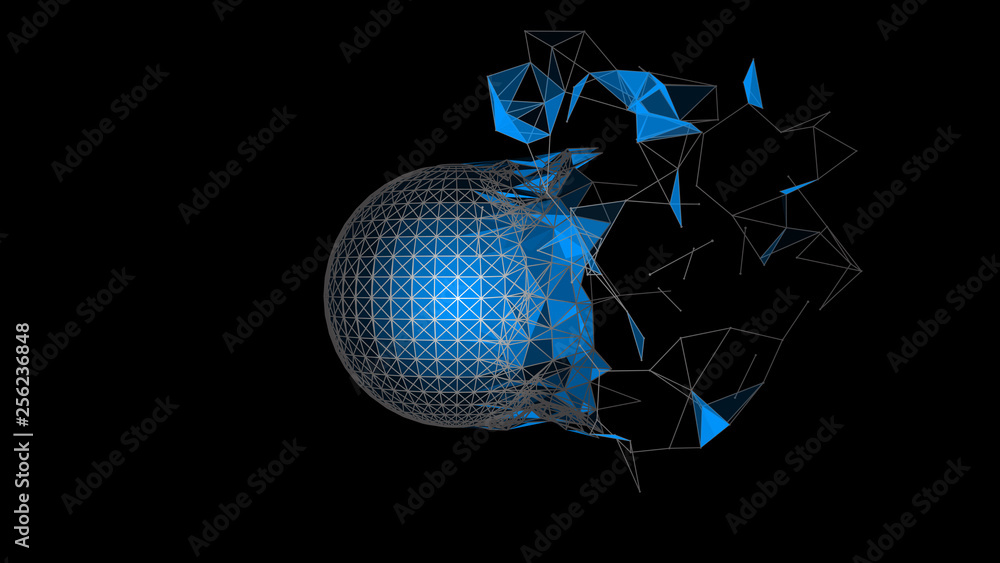 Fotografie Blue sphere of particles disintegrate