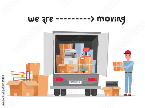 Man worker in uniform with cardboard boxes. Moving office. Transport company. Box in hand. Cute loader. Boxes with corporate things. Moving service. lettering we are moving. Vector flat illustration