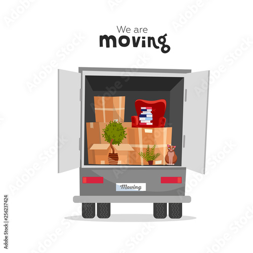 Things in box in the open trunk of the truck. Moving House. Moving courier van. Unloading or loading trucks. We are moving home concept with lettering qoute.Vector flat cartoon style illustration