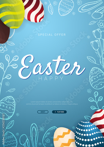 Happy Easter background with traditional sketches decorations. Easter greeting with colored eggs, rabbit.