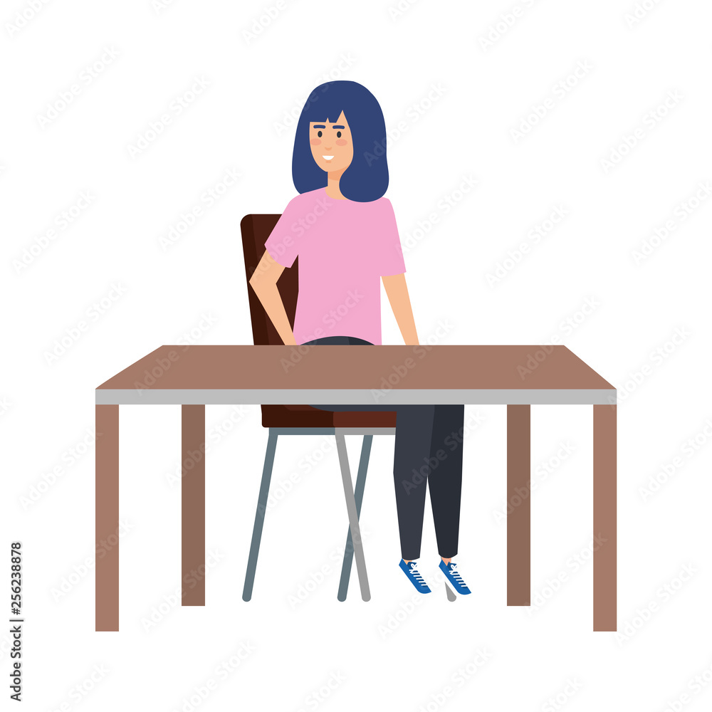 young woman sitting in chair and table young woman sitting in chair and table