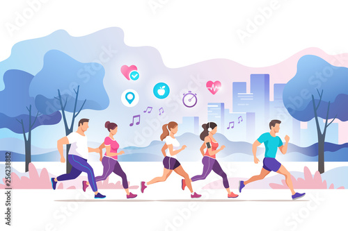 Group people running in the city public park. Healthy lifestyle. Training to marathon  jogging. Trendy style vector illustration.