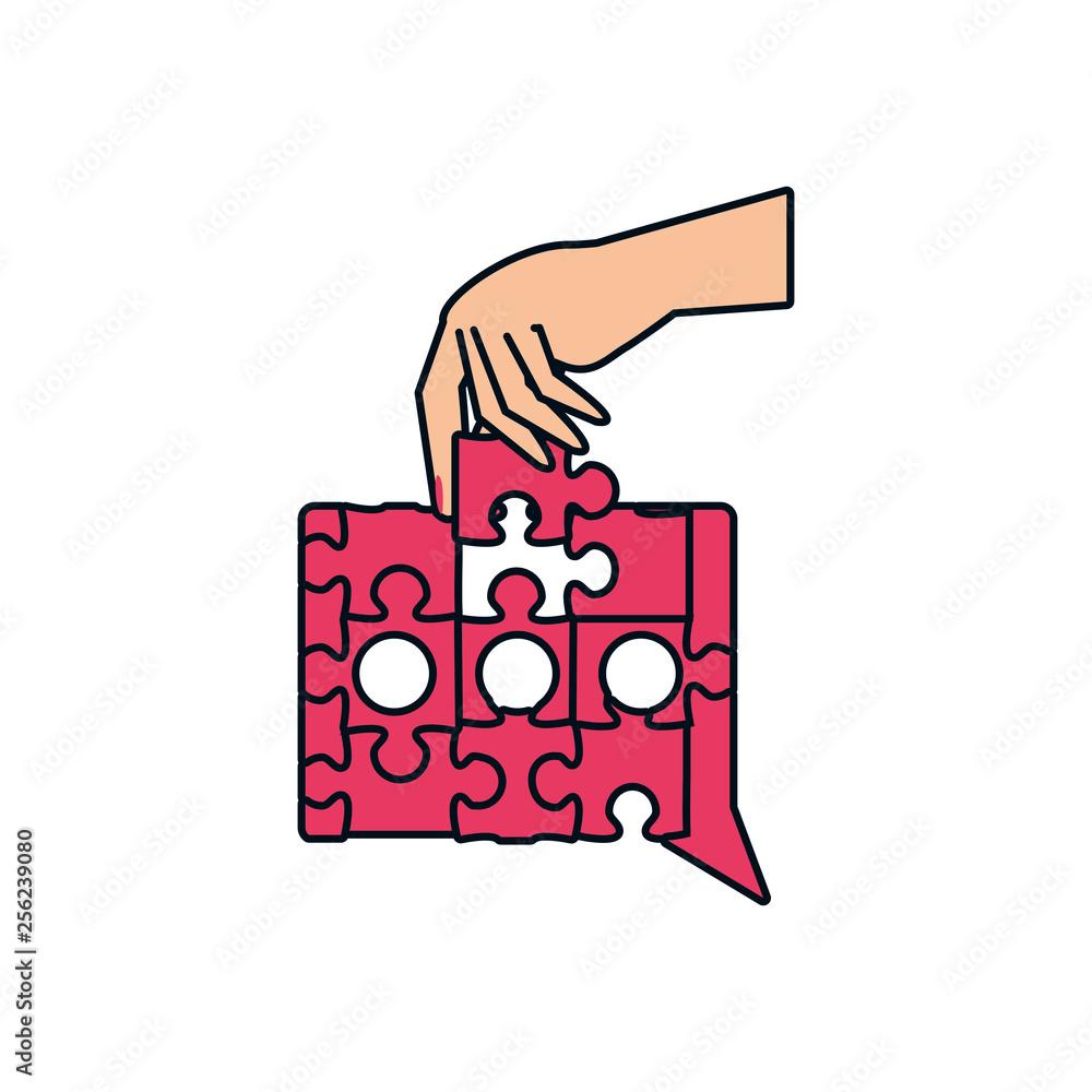hand with puzzle pieces in shape speech bubble hand with puzzle pieces in shape speech bubble