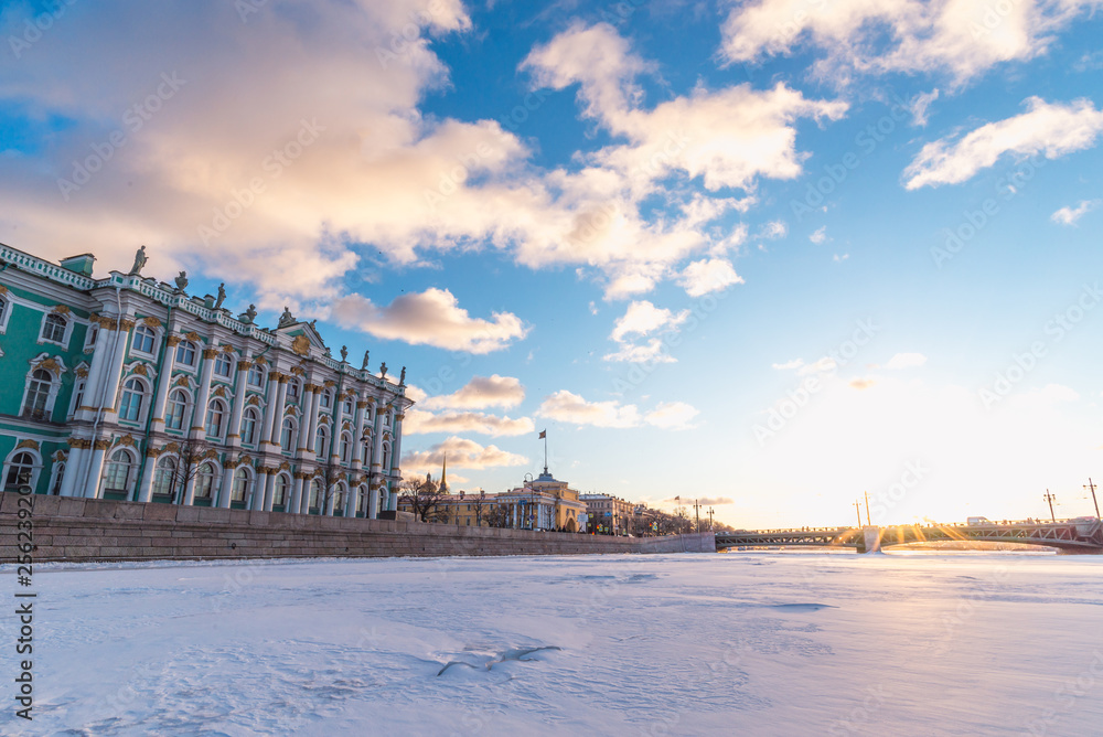 Palace bridge. Neva River. Saint-Petersburg. Russia in winter.