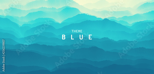 Mountain landscape with a dawn. Sunset. Mountainous terrain. Hills silhouette. Abstract background. Vector illustration.