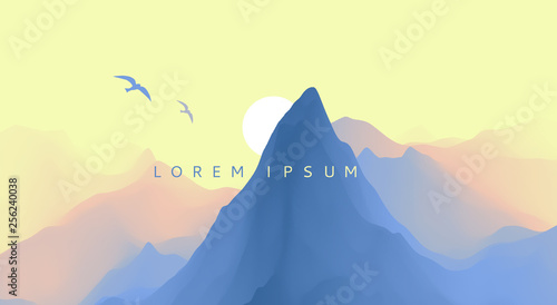 Landscape with mountains and sun. Sunrise. Mountainous terrain. Abstract background. Vector illustration.