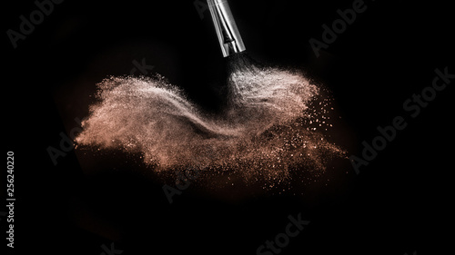 Color of the year, powder splash and brush for makeup artist or beauty blogger in black background