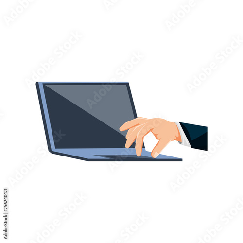 hand with laptop computer isolated icon