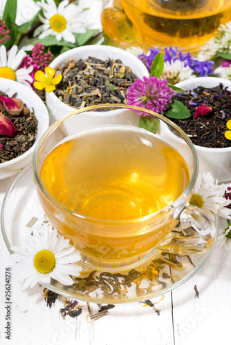 fragrant herbal tea in a cup, vertical top view