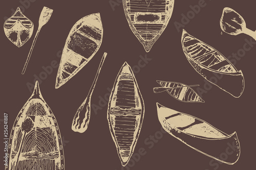 hand drawn traced collection of canoes in trendy colors.