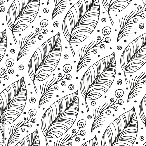 Seamless black and white vintage background with light leaves and curls and decorative twig with berries