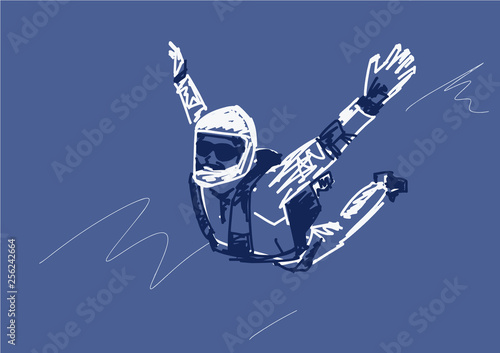 Silhouette of a skydiver on a blue background. Sport illustration. Sketch style. Vector.