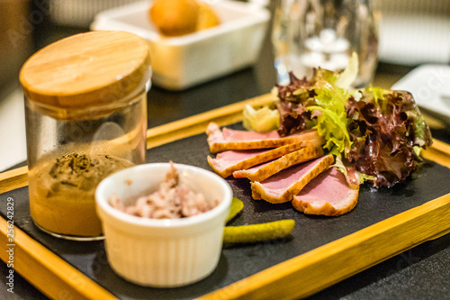 Pate Et Rillettes chicken pate, smoked duck breast and duck rillettes photo