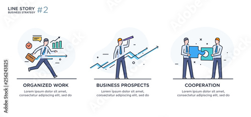 Set of illustrations concept with businessmen. Workflow, growth, graphics. Business development, milestones. linear illustration Icons infographics. Landing page site print poster