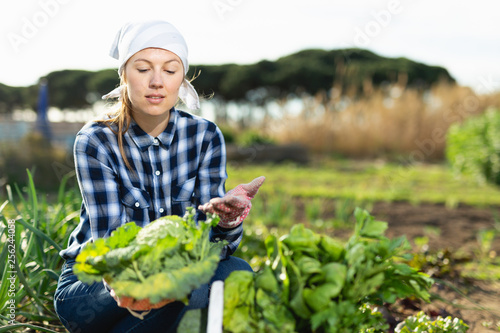 Girl farmer with a basket of vegetables in the garden