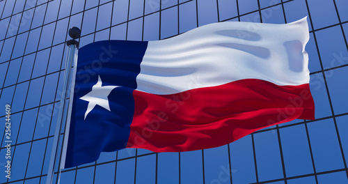 Texas  flag on skyscraper building background. 3d illustration