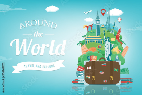 Travel composition with famous world landmarks. Travel and Tourism concept. Vector
