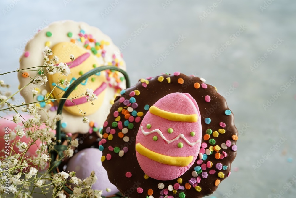 Easter spring background with decorated frosted cookies, selective focus