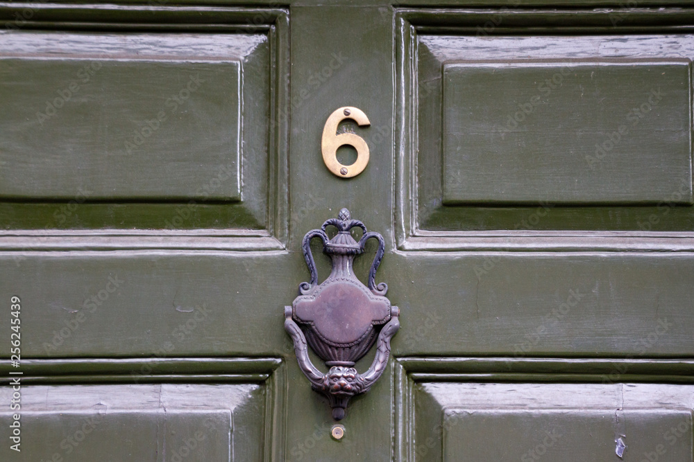 House number six with the 6 in bright meal and a black door knocker