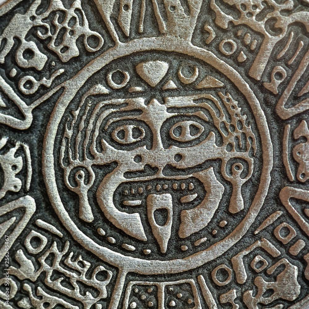 Ancient antique classical Mayan history calendar closeup macro background