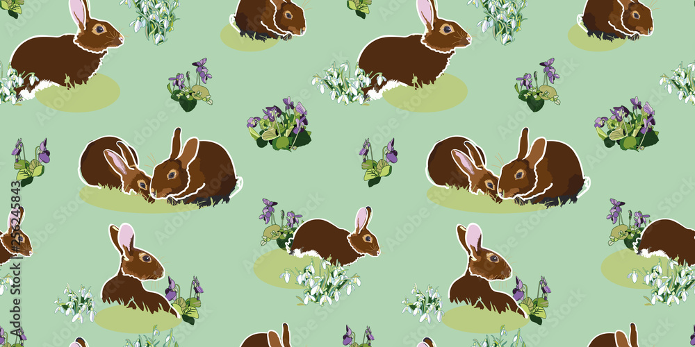 Fototapeta premium Green pattern with bunny.