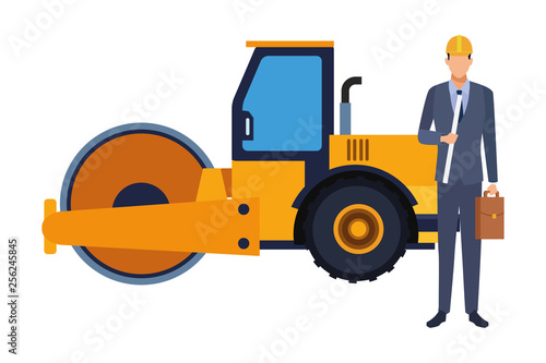 Engineer with briefcase and steamroller colorful