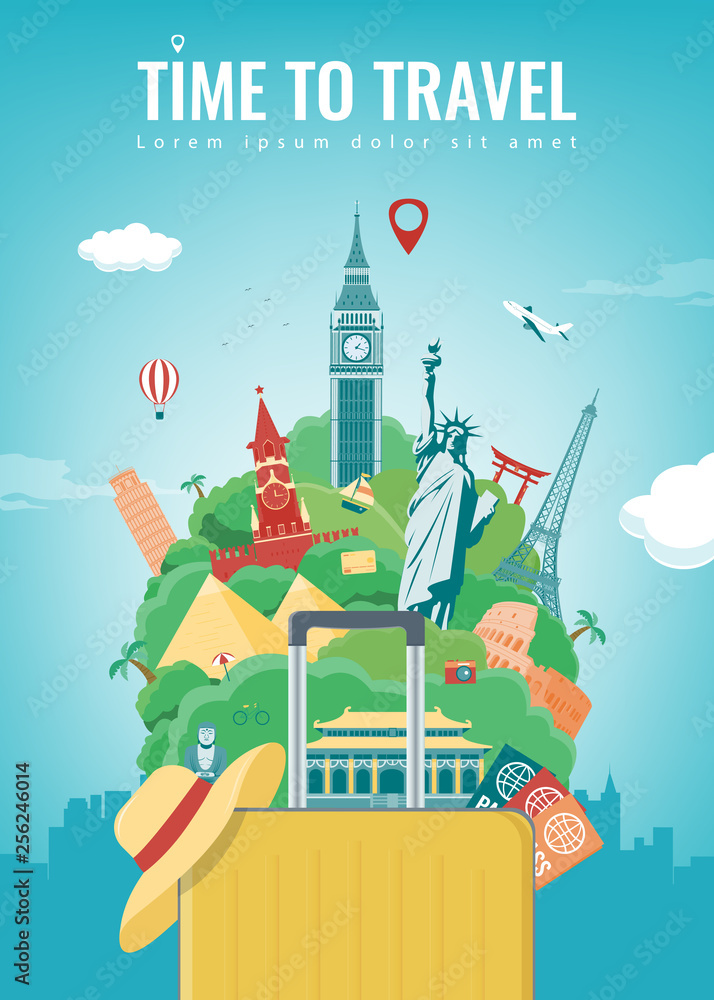 Naklejka premium Travel composition with famous world landmarks. Travel and Tourism concept. Vector