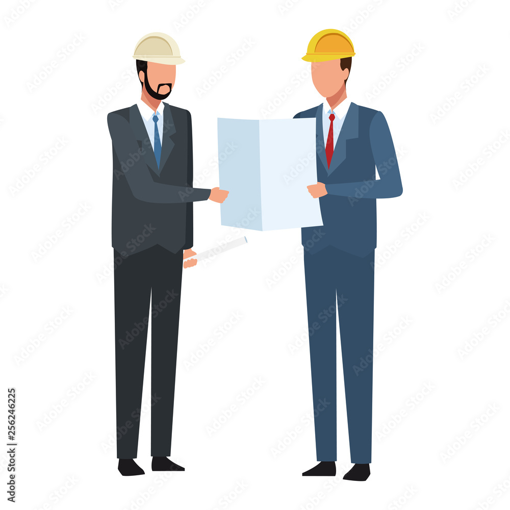 Construction engineer and architect looking plans colorful Construction engineer and architect looking plans colorful