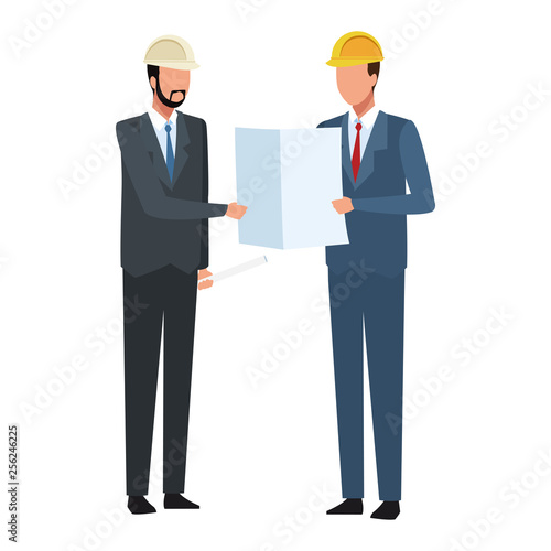 Construction engineer and architect looking plans colorful