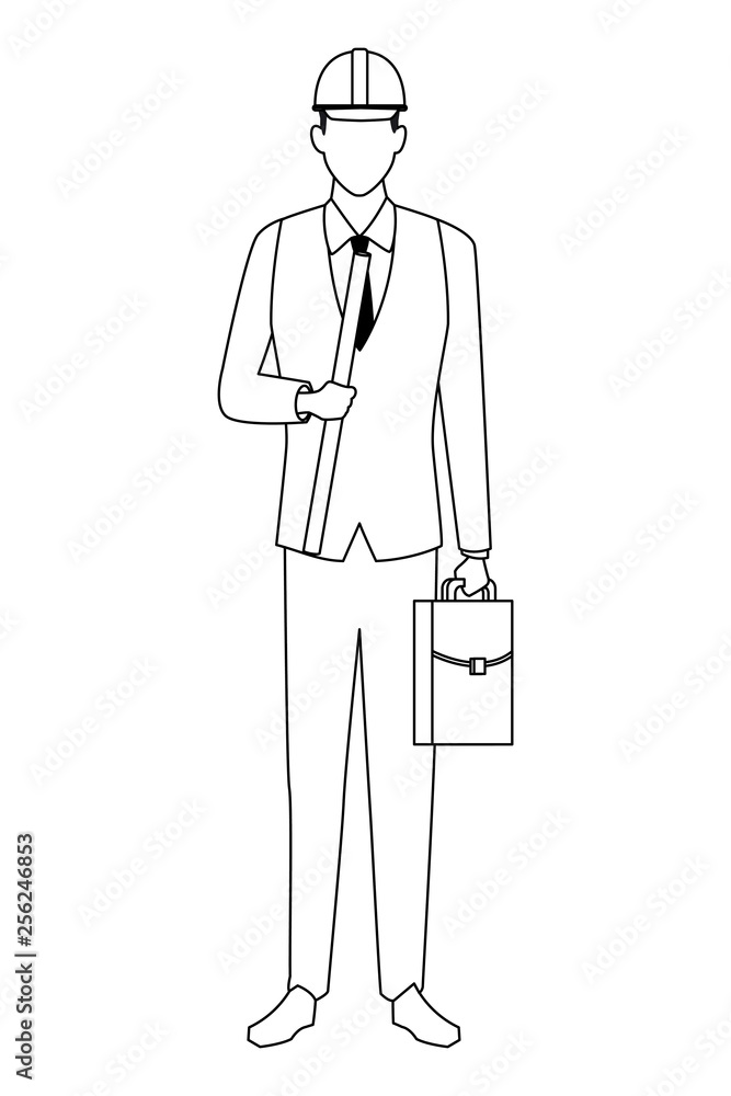 Construction engineer with plans and briefcase in black and white Construction engineer with plans and briefcase in black and white
