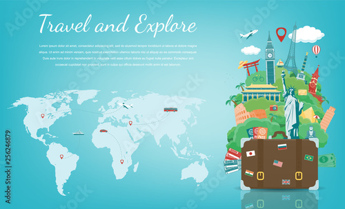 Travel composition with famous world landmarks. Travel and Tourism concept. Vector