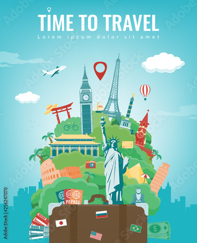 Travel composition with famous world landmarks. Travel and Tourism concept. Vector