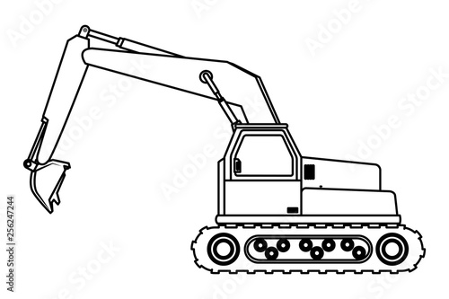 Construction vehicle backhoe in black and white