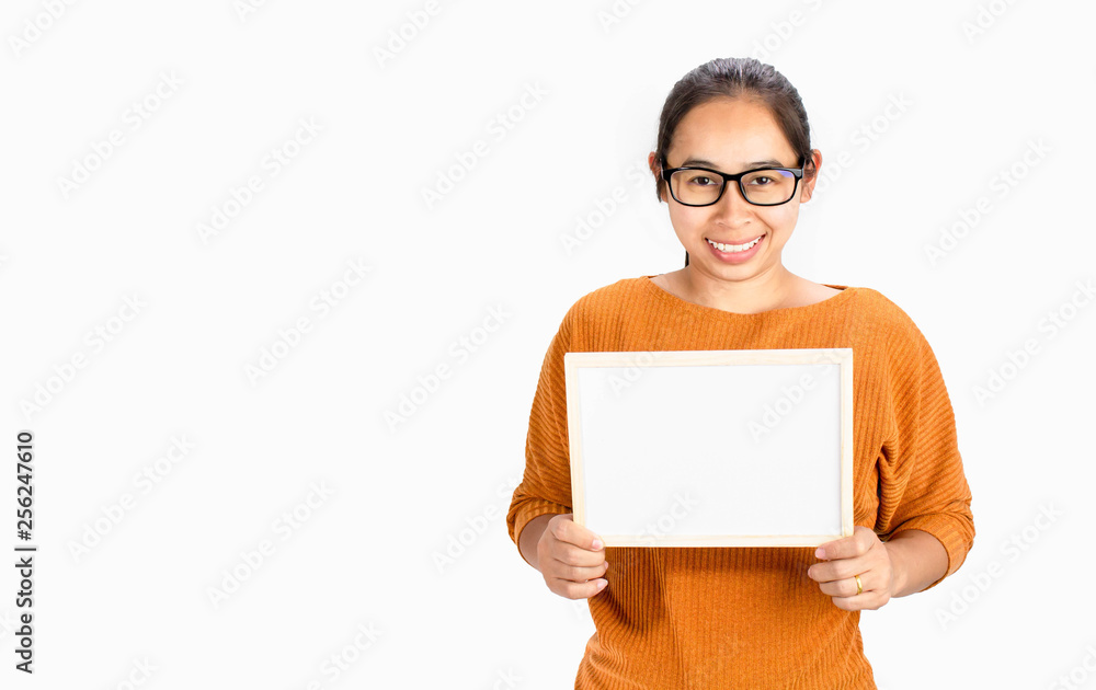 Happy face Asian woman holding blank white board for Copy Placed isolated on a white background. Happy face Asian woman holding blank white board for Copy Placed isolated on a white background.