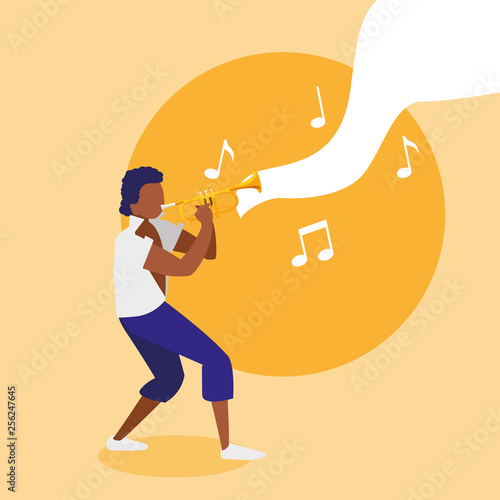 black tropical musician playing trumpet character