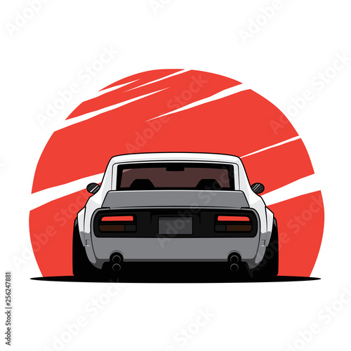Cartoon old japan tuned car isolated. Back view. Vector illustration