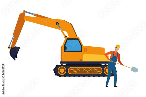 Construction worker with shovel and backhoe colorful