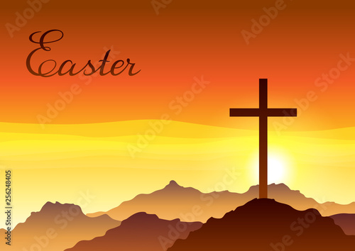 Easter illustration. Greeting card with cross and sky.