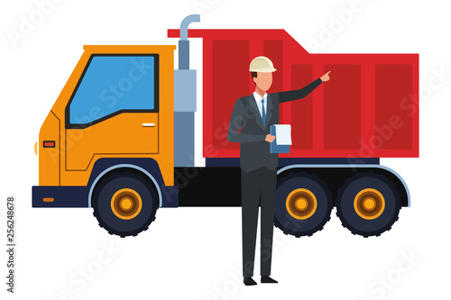 Construction worker with clipboard and cargo truck colorful
