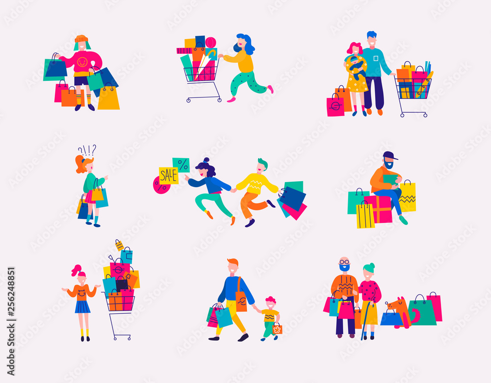 Set of people with purchases at shopping. Flat design, vector illustrations.