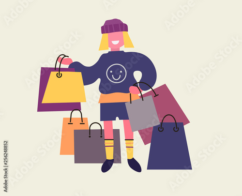 Girl carry shopping bags with purchases. Sale at store. Flat design, vector illustration.