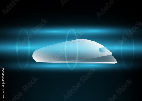 Abstract futuristic transportation train and logistic. Hologram of Hyperloop train with railway tunnel in light effect.