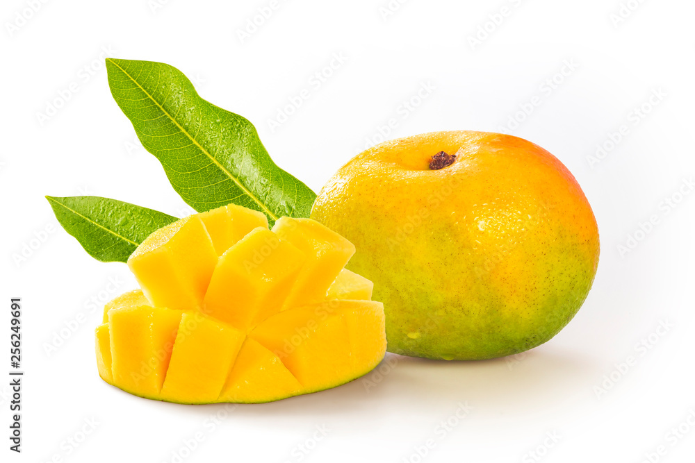 Beautiful composition of two ripe Auguste mangoes sliced on white background Beautiful composition of two ripe Auguste mangoes sliced on white background
