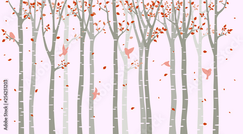 Birch tree with birds silhouette on pink background