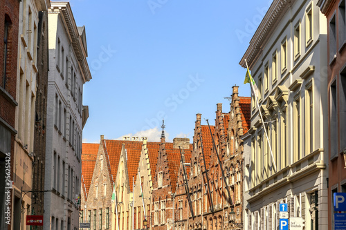 Bruges, Belgium - October 9, 2014: Scenic view of traditional houses and rooftops in Bruges, Belgium. Famous city with beautiful architechture