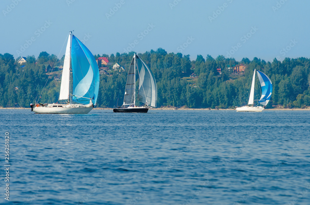 Fototapeta premium Regatta sailing boats on the river, reflection on the water in the distance shore.